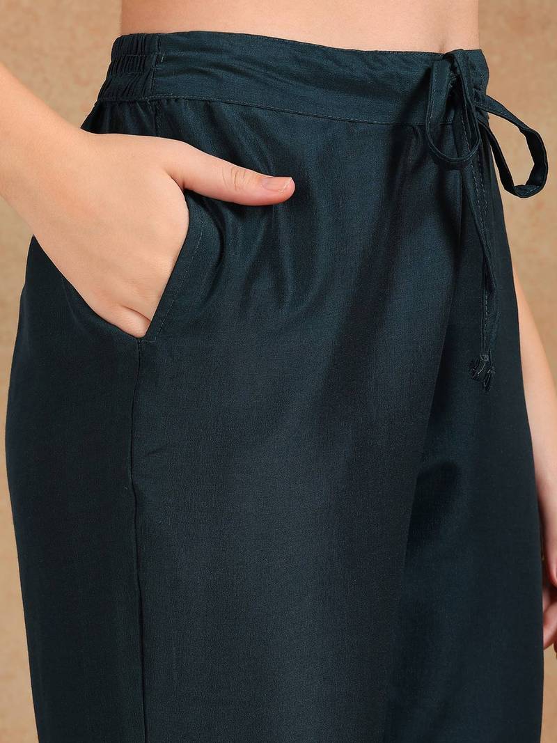 green color embroidered silk blend styles kurta trouser with dupatta