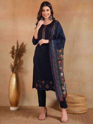 navy blue color embroidered silk blend styles kurta trouser with dupatta 1