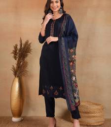 navy blue color embroidered silk blend styles kurta trouser with dupatta