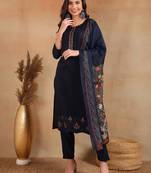 navy blue color embroidered silk blend styles kurta trouser with dupatta