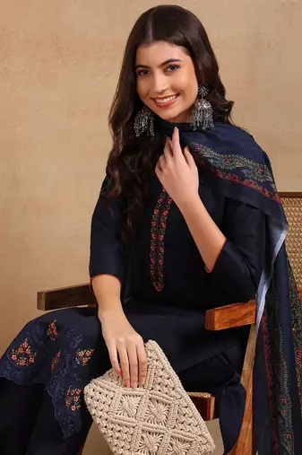 navy blue color embroidered silk blend styles kurta trouser with dupatta