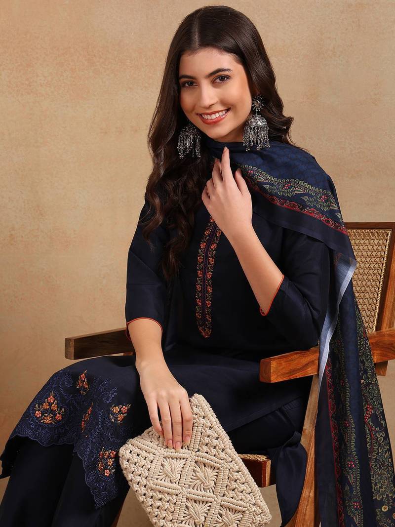 navy blue color embroidered silk blend styles kurta trouser with dupatta