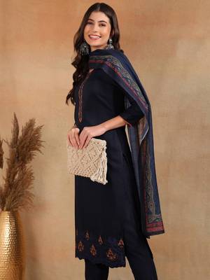 navy blue color embroidered silk blend styles kurta trouser with dupatta 3