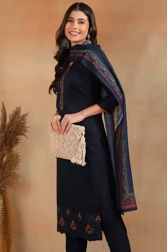 navy blue color embroidered silk blend styles kurta trouser with dupatta