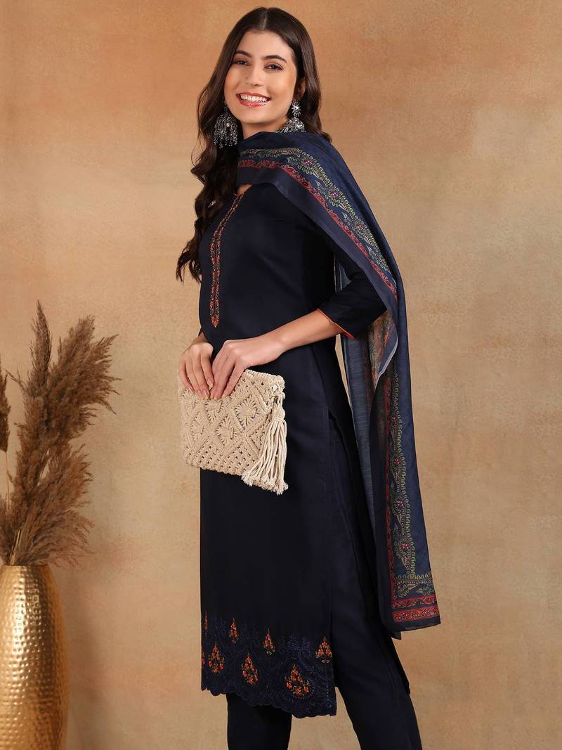navy blue color embroidered silk blend styles kurta trouser with dupatta