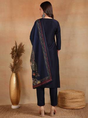 navy blue color embroidered silk blend styles kurta trouser with dupatta 4