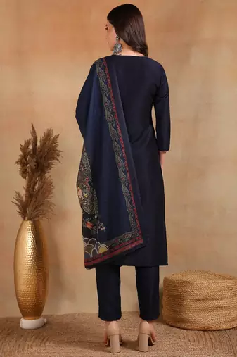 navy blue color embroidered silk blend styles kurta trouser with dupatta