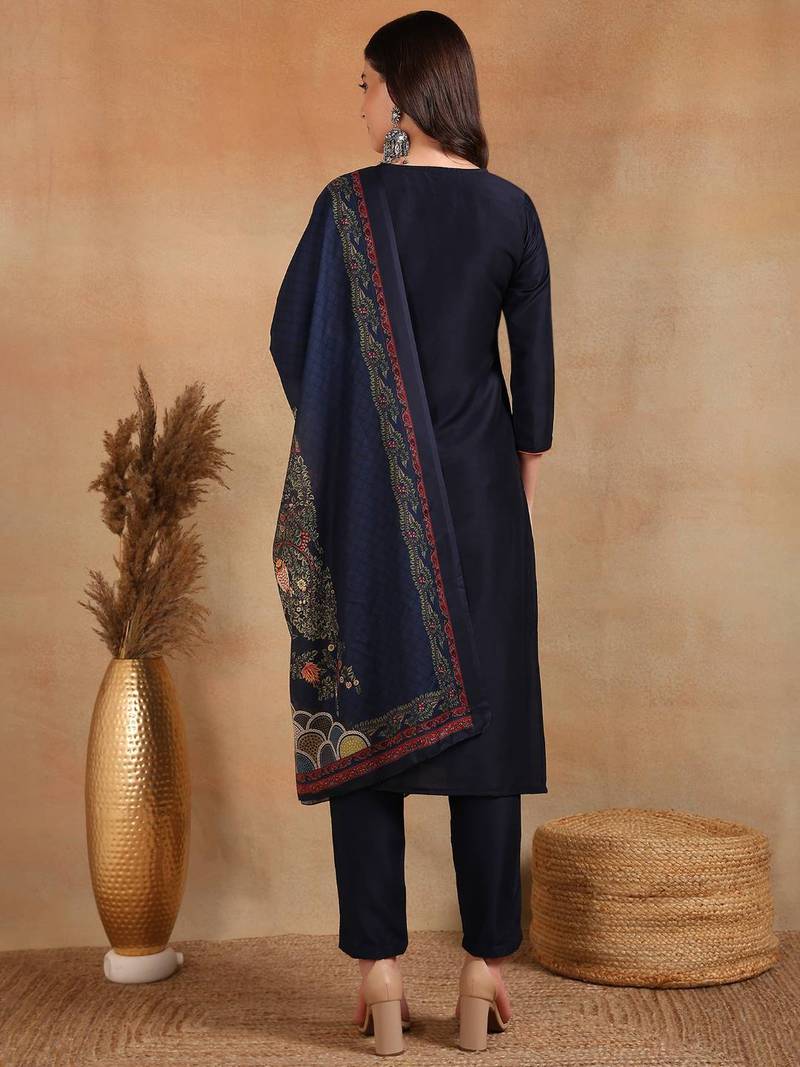 navy blue color embroidered silk blend styles kurta trouser with dupatta