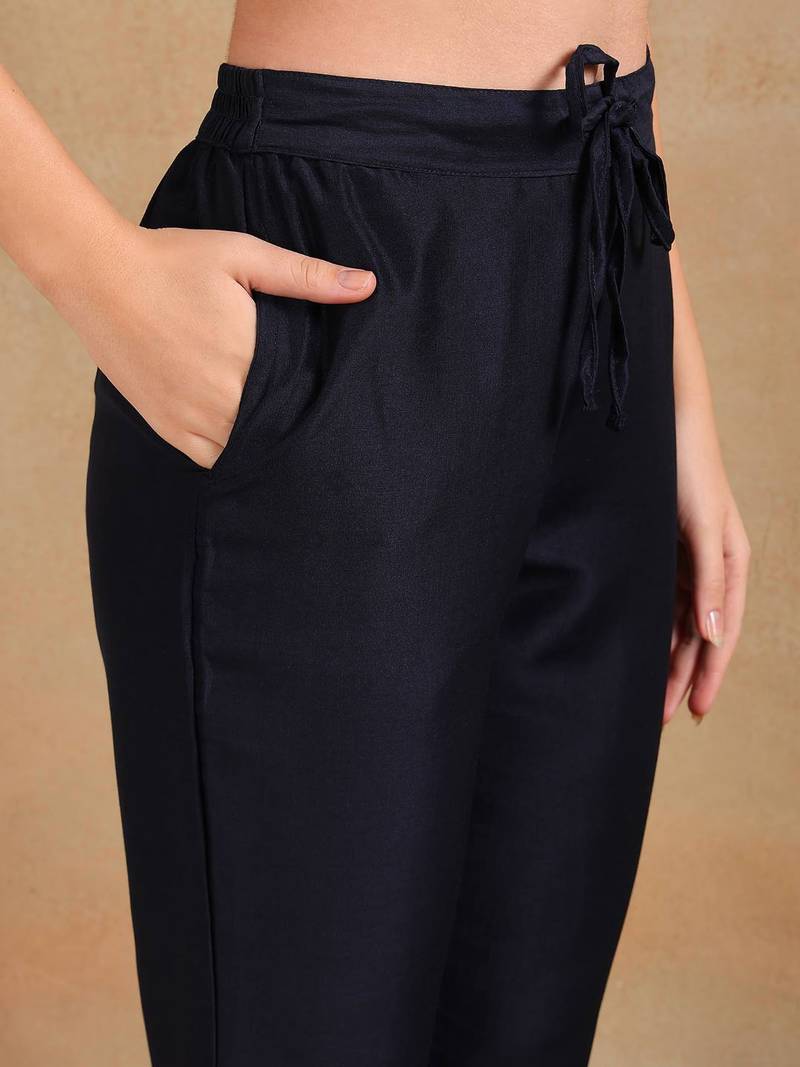 navy blue color embroidered silk blend styles kurta trouser with dupatta