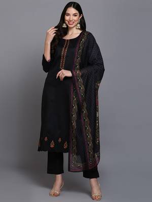 black color embroidered silk blend styles kurta trouser with dupatta 1