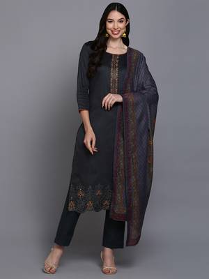 black color embroidered silk blend styles kurta trouser with dupatta 1