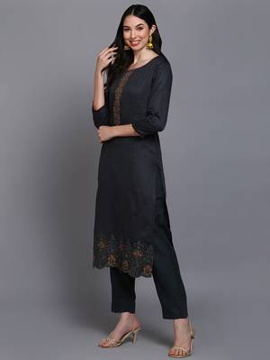black color embroidered silk blend styles kurta trouser with dupatta 3