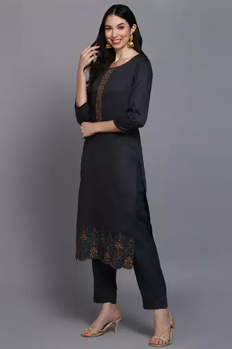 black color embroidered silk blend styles kurta trouser with dupatta