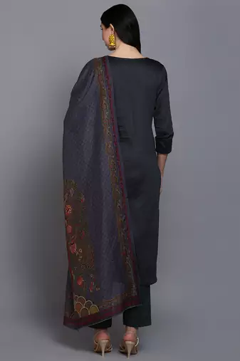 black color embroidered silk blend styles kurta trouser with dupatta