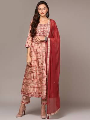 beige color printed silk blend styles kurta trouser with dupatta 1