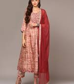 beige color printed silk blend styles kurta trouser with dupatta