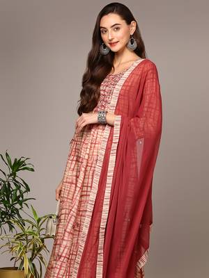 beige color printed silk blend styles kurta trouser with dupatta 2