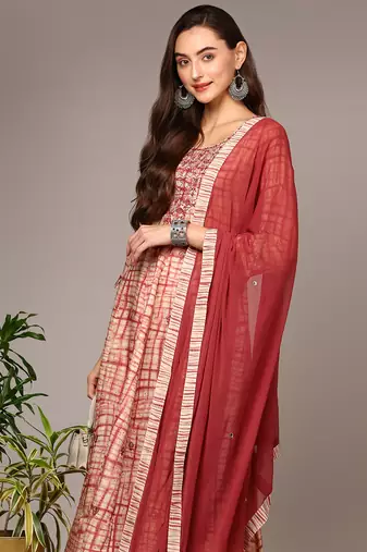 beige color printed silk blend styles kurta trouser with dupatta