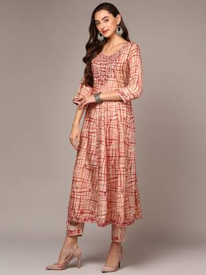 beige color printed silk blend styles kurta trouser with dupatta 3
