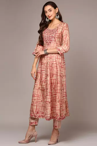 beige color printed silk blend styles kurta trouser with dupatta