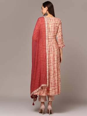 beige color printed silk blend styles kurta trouser with dupatta 4
