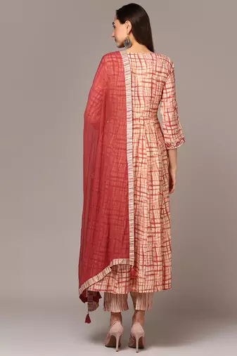 beige color printed silk blend styles kurta trouser with dupatta