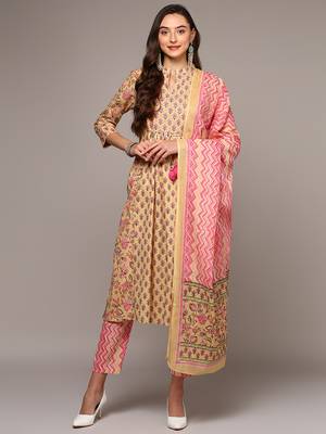 cream color printed pure cotton styles kurta trouser with dupatta 1