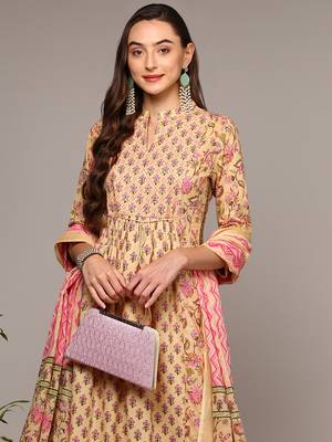 cream color printed pure cotton styles kurta trouser with dupatta 2