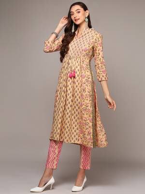 cream color printed pure cotton styles kurta trouser with dupatta 3