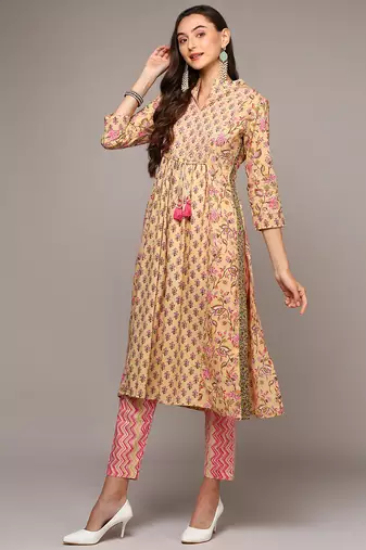 cream color printed pure cotton styles kurta trouser with dupatta