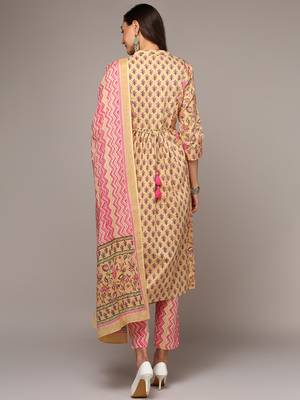 cream color printed pure cotton styles kurta trouser with dupatta 4