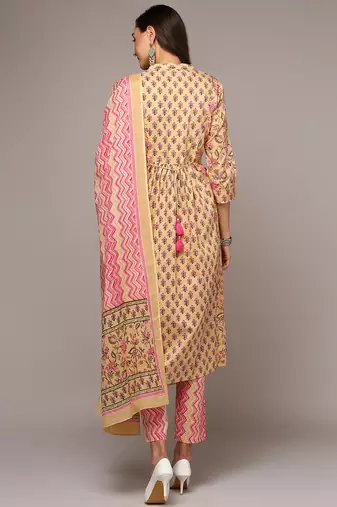 cream color printed pure cotton styles kurta trouser with dupatta
