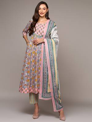 peach color printed pure cotton styles kurta trouser with dupatta 1
