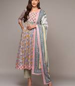 peach color printed pure cotton styles kurta trouser with dupatta