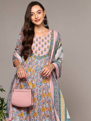 peach color printed pure cotton styles kurta trouser with dupatta 2