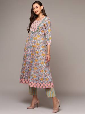 peach color printed pure cotton styles kurta trouser with dupatta 3