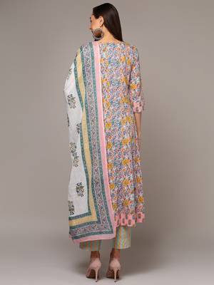 peach color printed pure cotton styles kurta trouser with dupatta 4