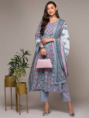 grey color printed pure cotton styles kurta trouser with dupatta 1