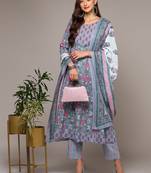 grey color printed pure cotton styles kurta trouser with dupatta