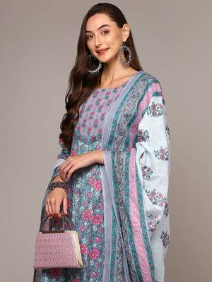 grey color printed pure cotton styles kurta trouser with dupatta 2