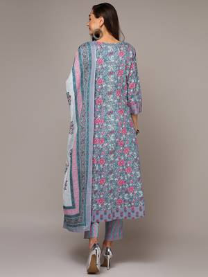 grey color printed pure cotton styles kurta trouser with dupatta 3
