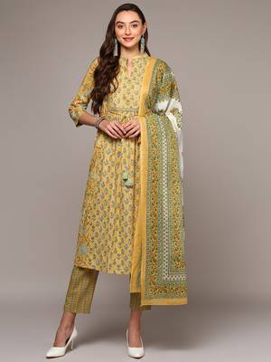yellow color printed pure cotton styles kurta trouser with dupatta 1