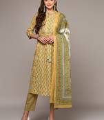yellow color printed pure cotton styles kurta trouser with dupatta