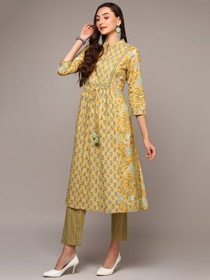 yellow color printed pure cotton styles kurta trouser with dupatta 2