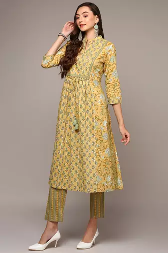 yellow color printed pure cotton styles kurta trouser with dupatta