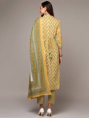 yellow color printed pure cotton styles kurta trouser with dupatta 3