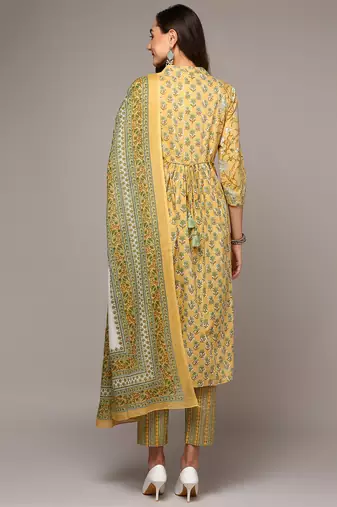 yellow color printed pure cotton styles kurta trouser with dupatta