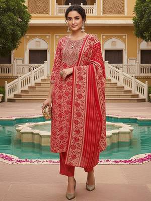 pink color embroidered silk blend styles kurta trouser with dupatta 1