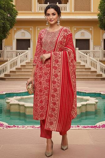 pink color embroidered silk blend styles kurta trouser with dupatta