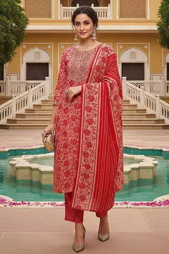 pink color embroidered silk blend styles kurta trouser with dupatta